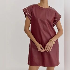 Entro Burgundy Mini Faux Leather dress w/pearl and rhinestone detail size Medium